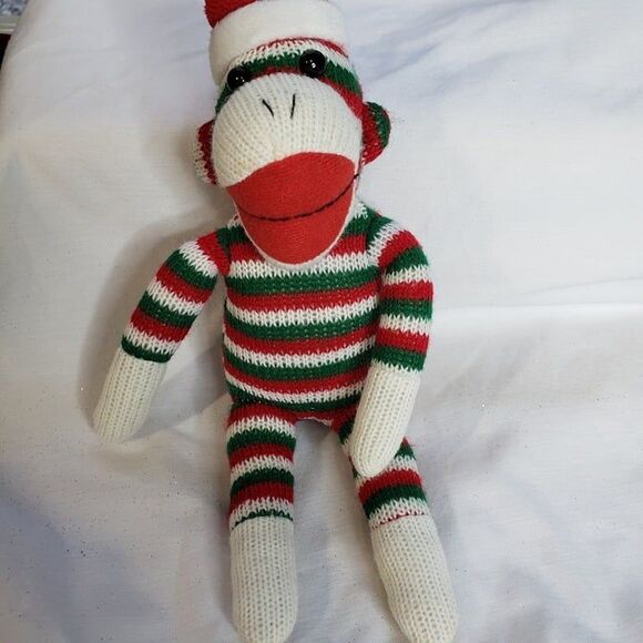 Funny Little Christmas Red Green Stripe Sock Monkey 10" Plush Stuffed Animal - Picture 2 of 9